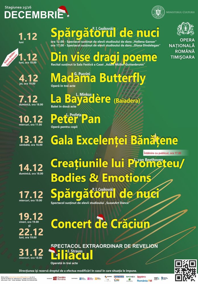 Afis luna decembrie 2025 Opera Nationala Romana din Timisoara