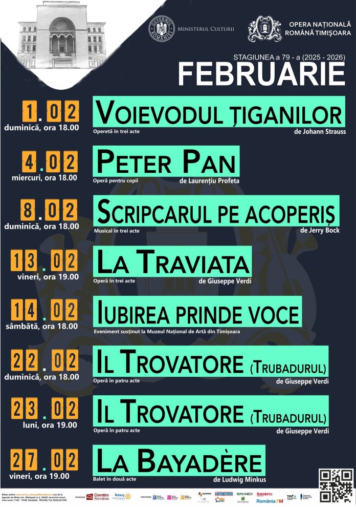 Afis repertoriul lunii februarie 2026 Opera Nationala Romana din Timisoara
