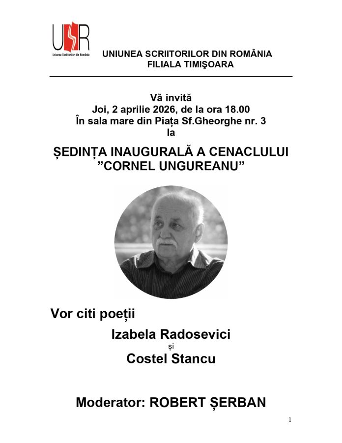 Afis inaugurare Cenaclul Cornel Ungureanu 2026